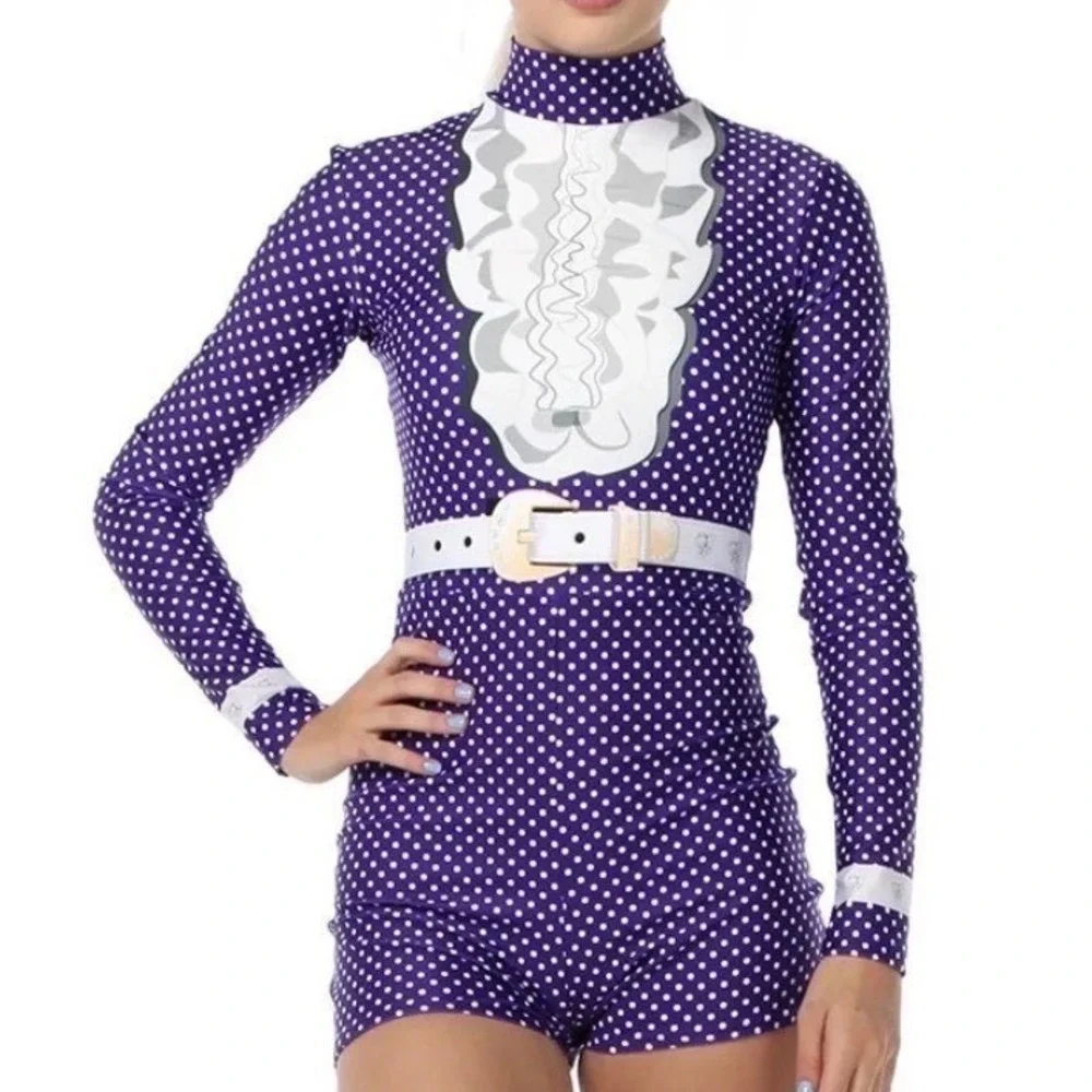 Alexandra collection Purple Polka Dot Western Trompe L'oeil Leotard Adult XS